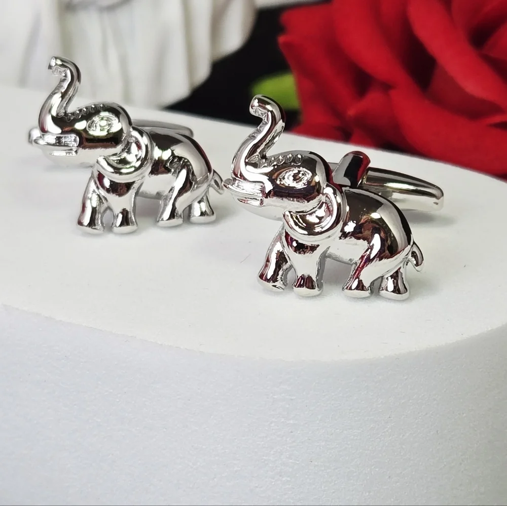 Elephant Cufflinks Silver Raised Trunk Safari Animal Formal French Cuff Links